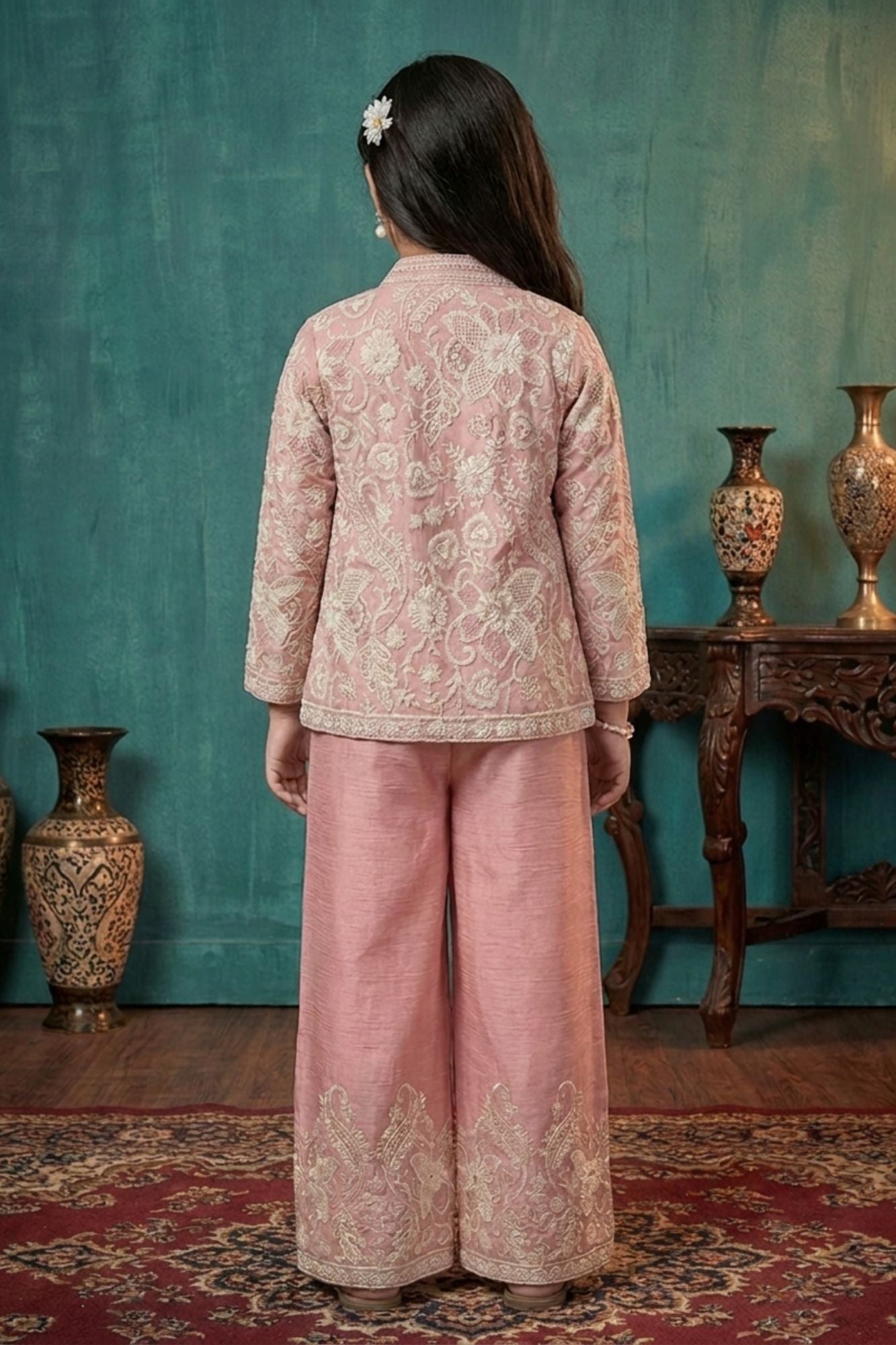Dusty Pink Embroidered Palazzo Set With Jacket For Girls
