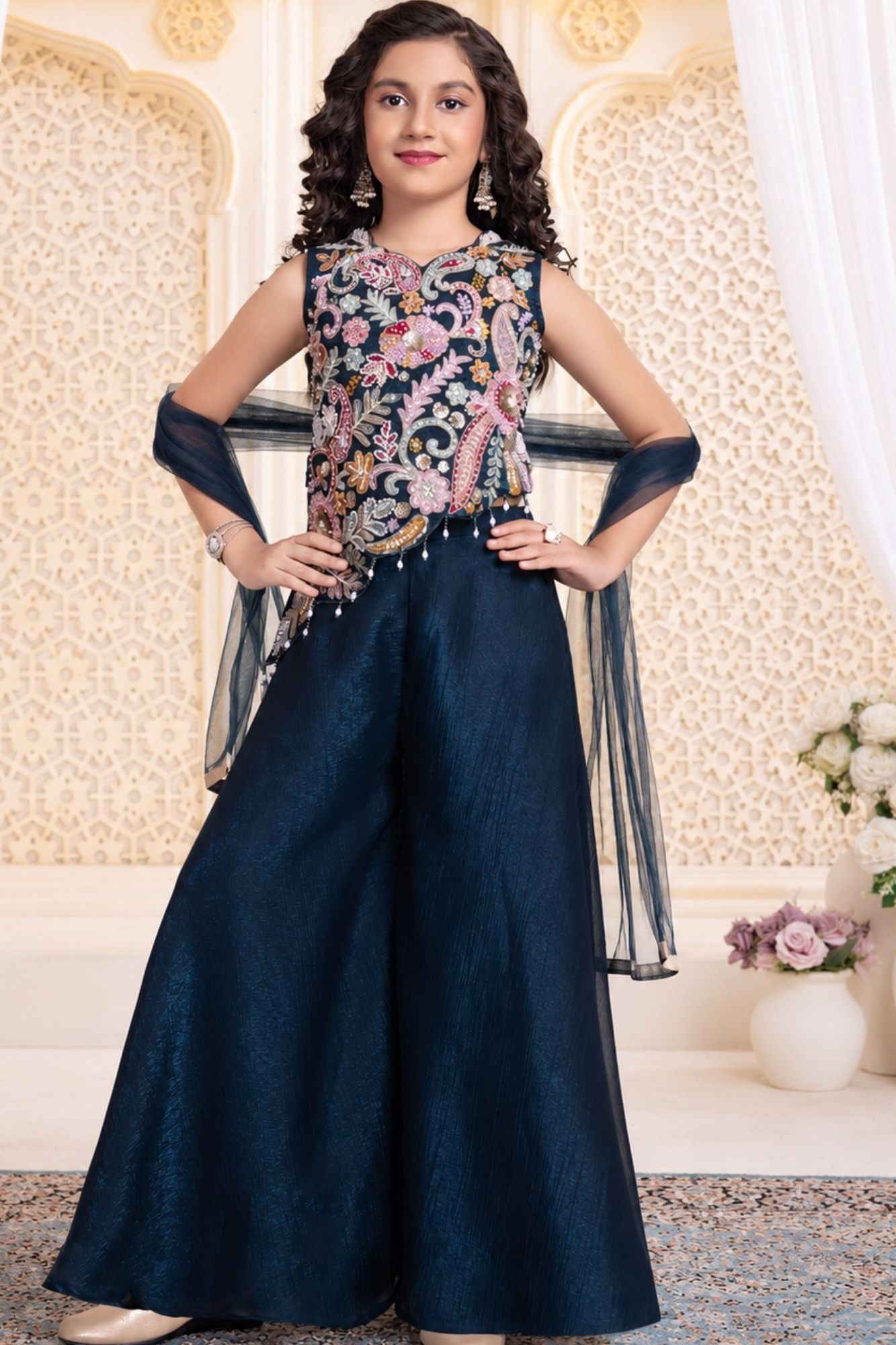 Girls Dark Blue Embroidered Asymmetric Top with Flared Palazzo And Dupatta Set