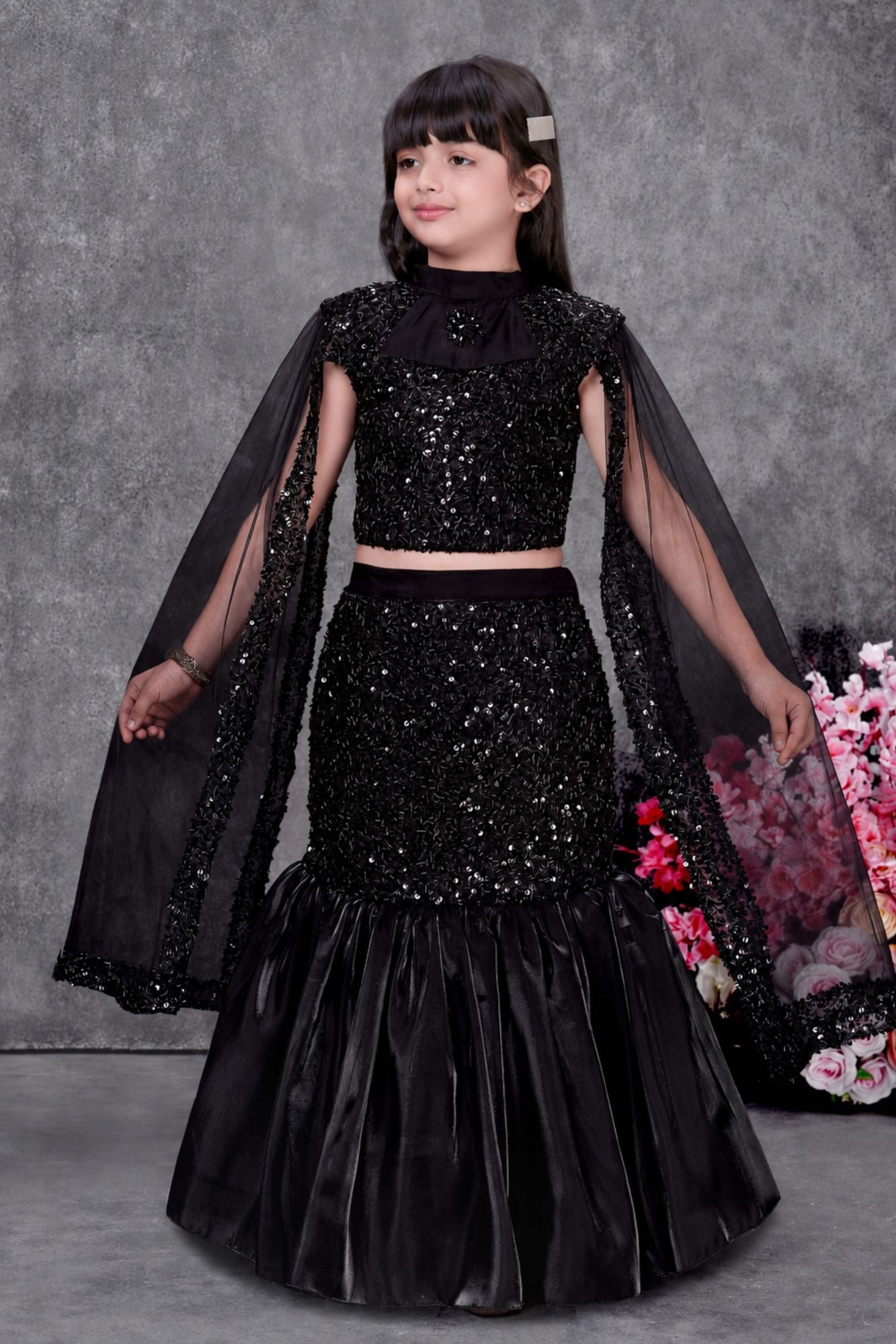 Girls Black Sequin Embellished Mermaid Lehenga Choli Set