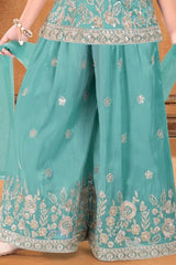 Girls Aqua Blue Silver Floral Embroidered Palazzo Set With Dupatta