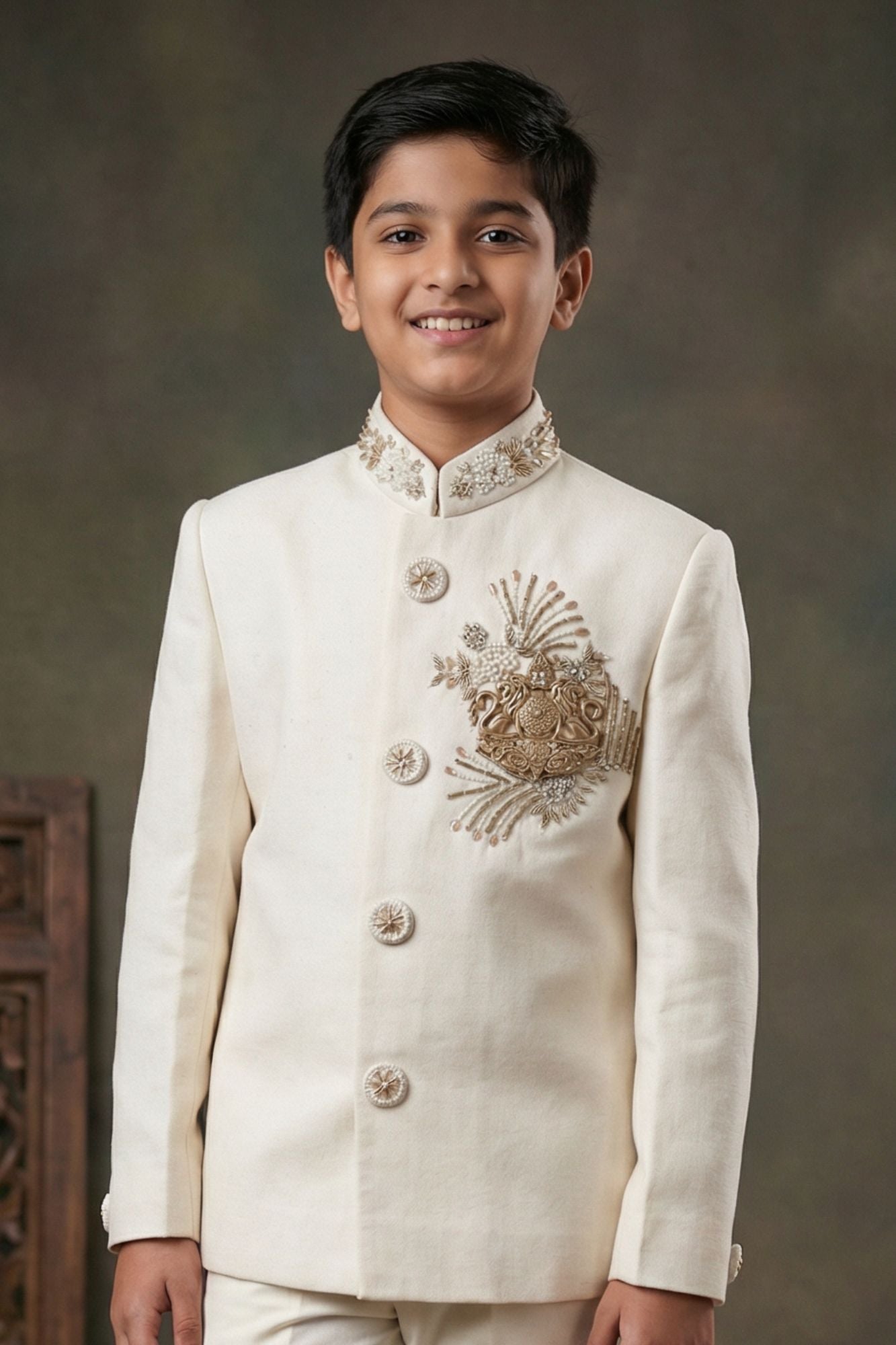 Boys Ivory Jodhpuri Suit with Royal Crest Embroidery