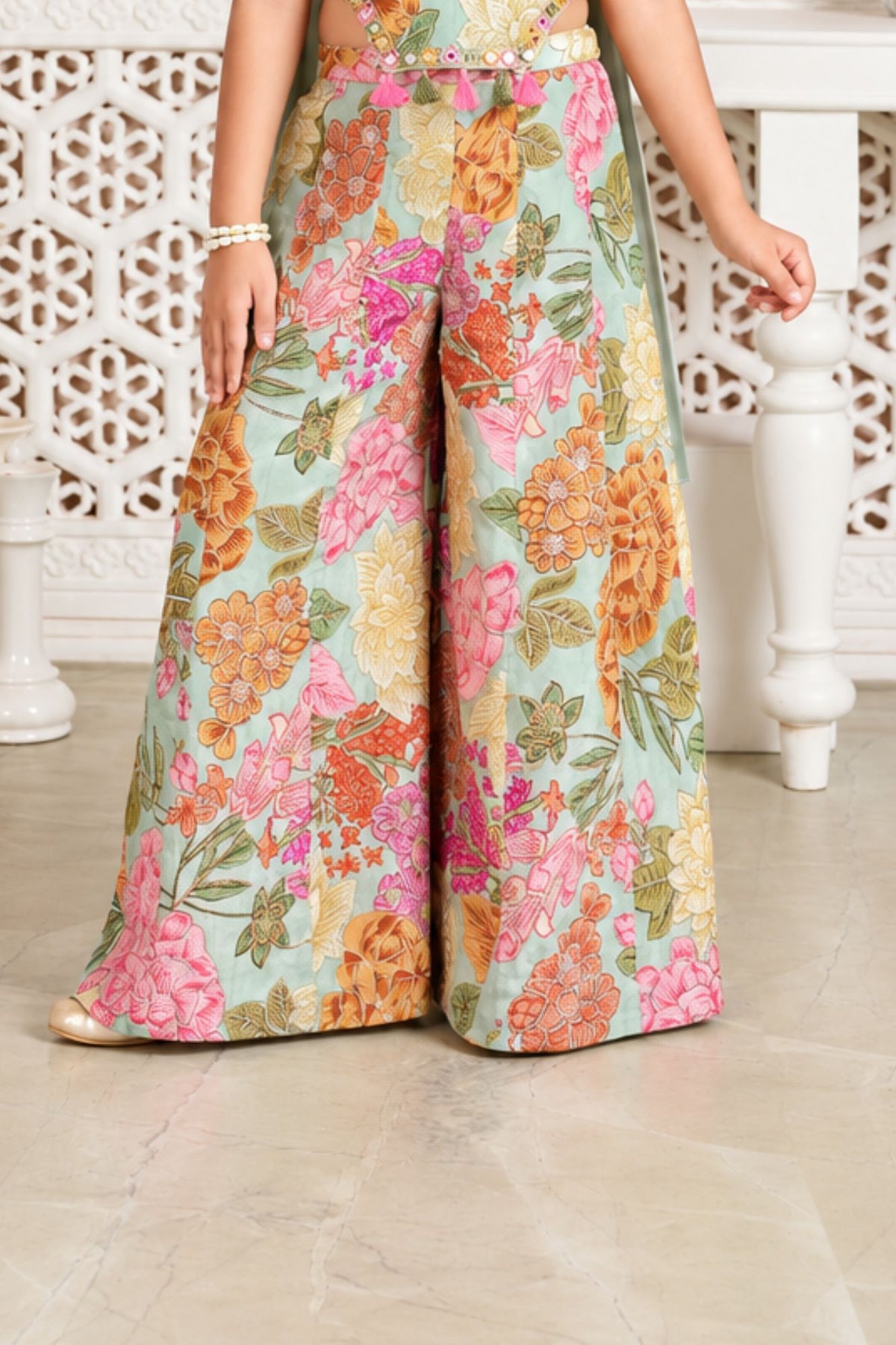 Girls Elegant Aqua Green Multicolor Floral Printed With Mirror Work Embroidered Palazzo Set