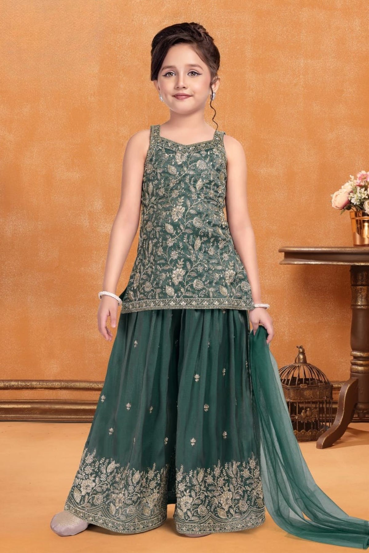 Girls Green Floral Embroidered Palazzo Set With Dupatta