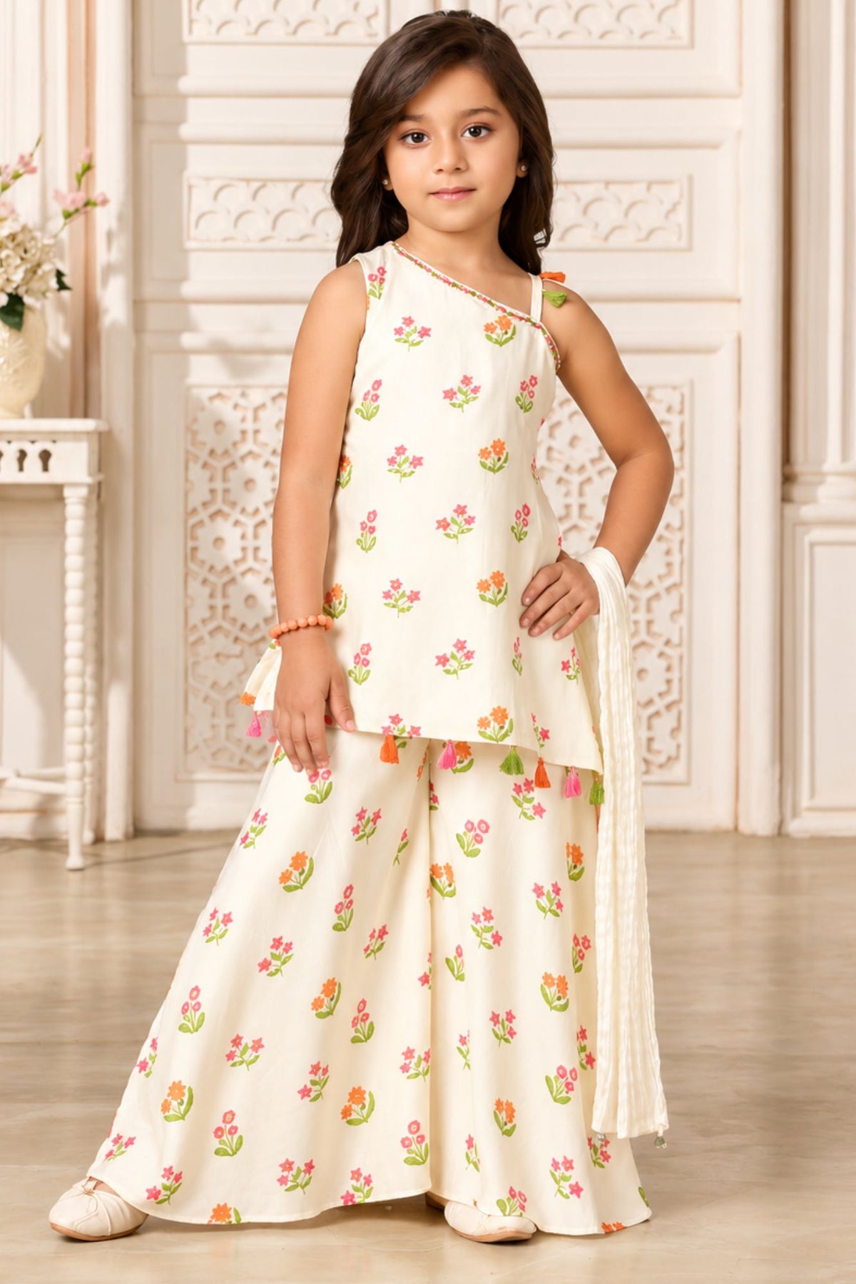 Girls Charming Cream With Multicolor Floral Printed Palazzo Set