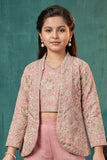 Dusty Pink Embroidered Palazzo Set With Jacket For Girls