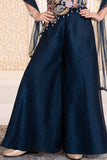 Girls Dark Blue Embroidered Asymmetric Top with Flared Palazzo And Dupatta Set