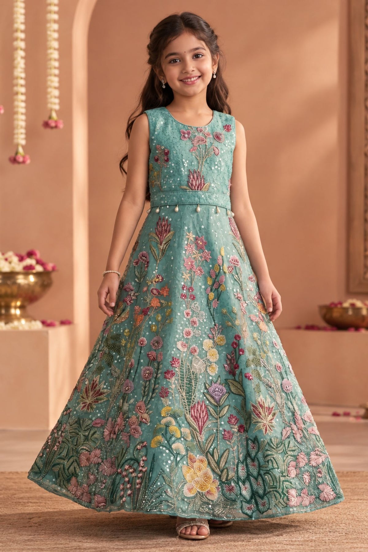 Blue Floral Embroidered Gown For Girls