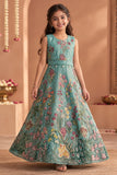 Blue Floral Embroidered Gown For Girls