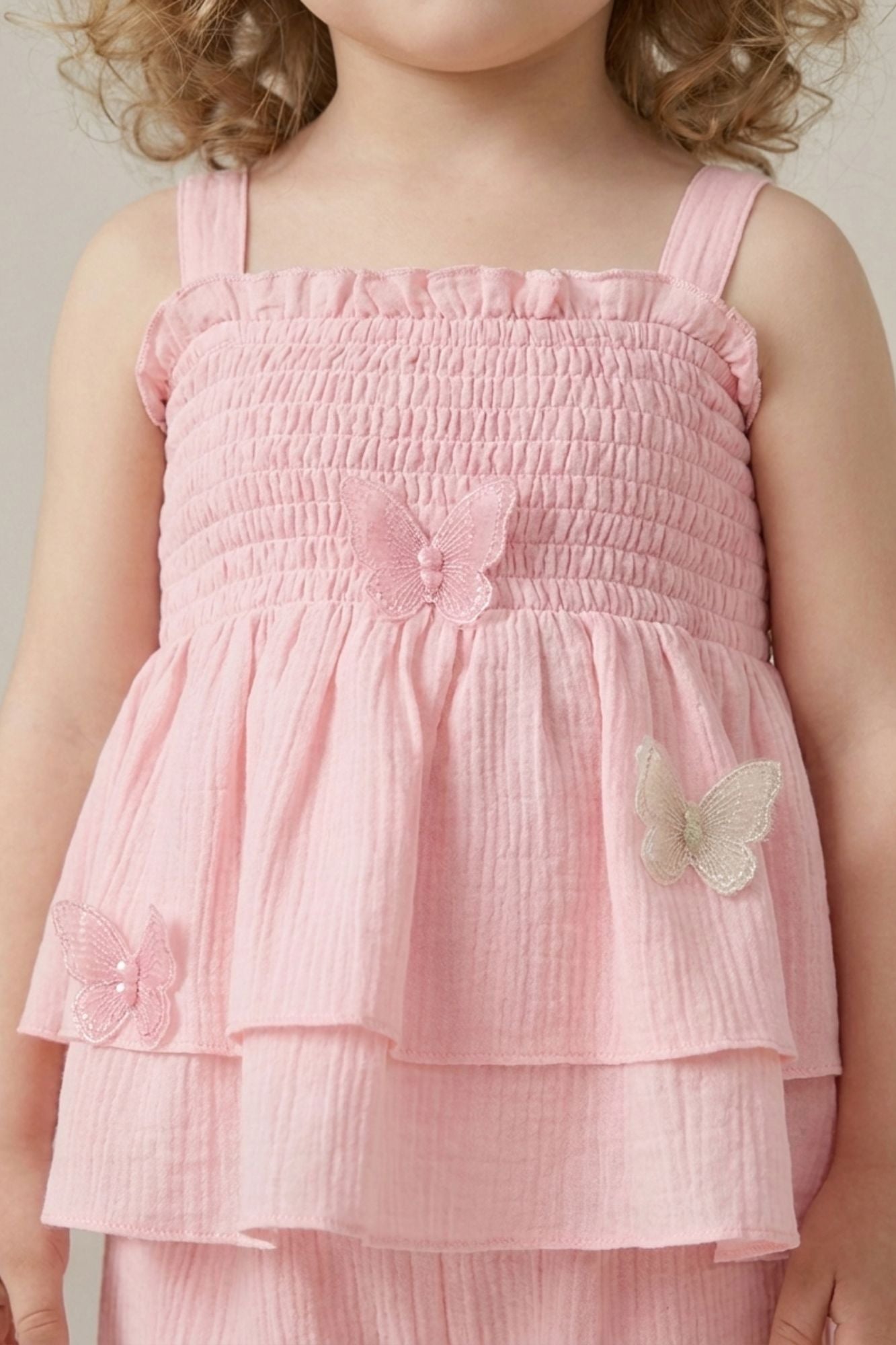 Girls Pink Smocked Ruffle Top with Wide-Leg Pants Co-Ord Set