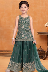 Girls Green Floral Embroidered Palazzo Set With Dupatta