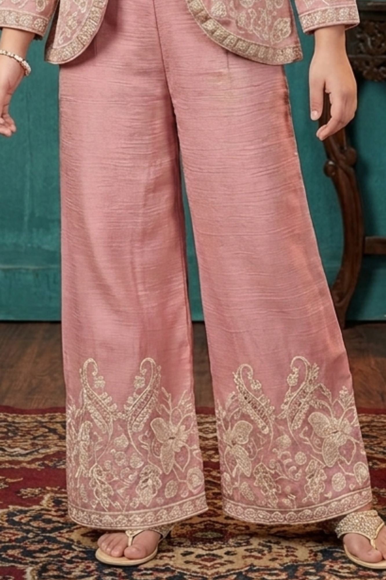 Dusty Pink Embroidered Palazzo Set With Jacket For Girls