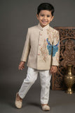 Boys Beige Jodhpuri Suit with Peacock Embroidery