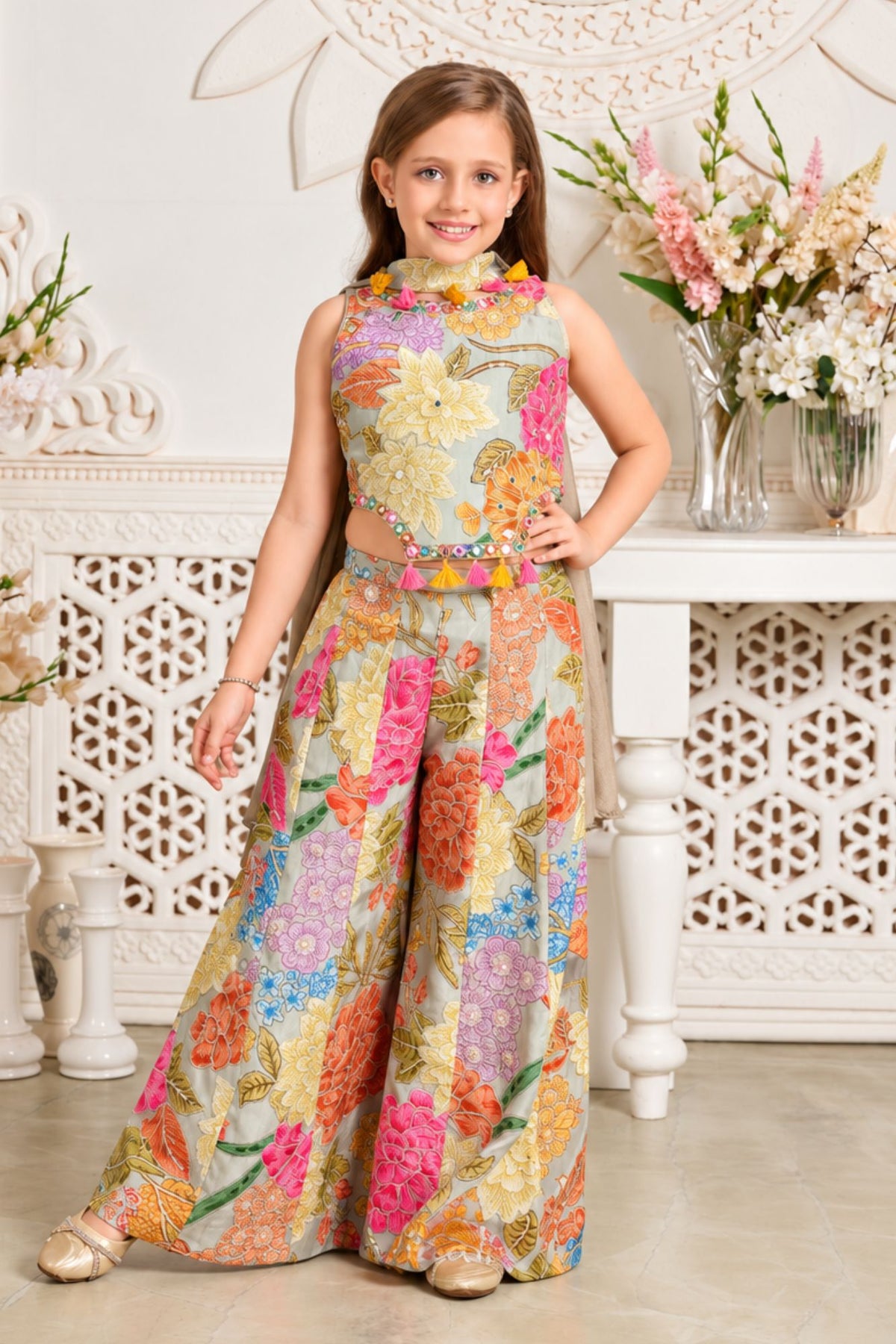 Girls Elegant Grey Multicolor Floral Printed With Mirror Work Embroidered Palazzo Set