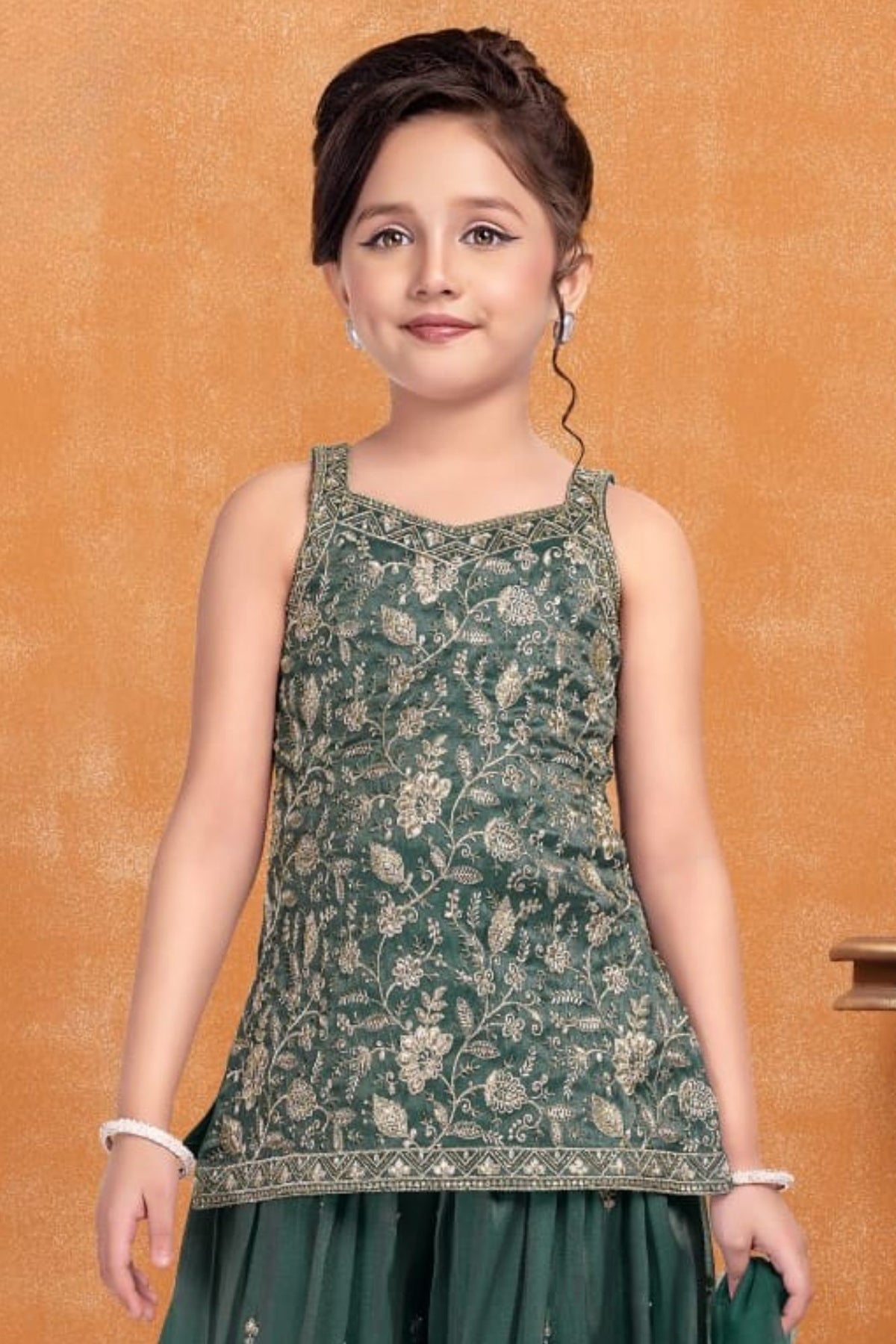 Girls Green Floral Embroidered Palazzo Set With Dupatta