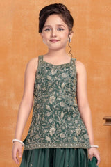 Girls Green Floral Embroidered Palazzo Set With Dupatta