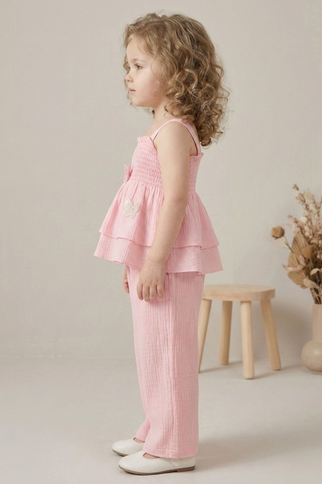 Girls Pink Smocked Ruffle Top with Wide-Leg Pants Co-Ord Set