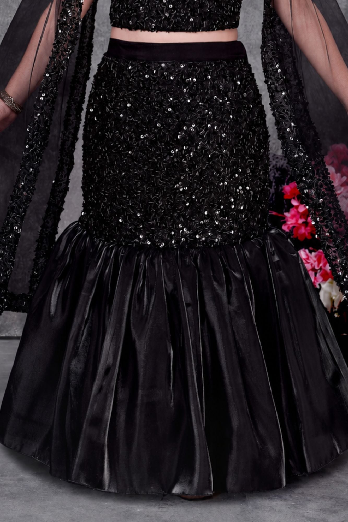 Girls Black Sequin Embellished Mermaid Lehenga Choli Set