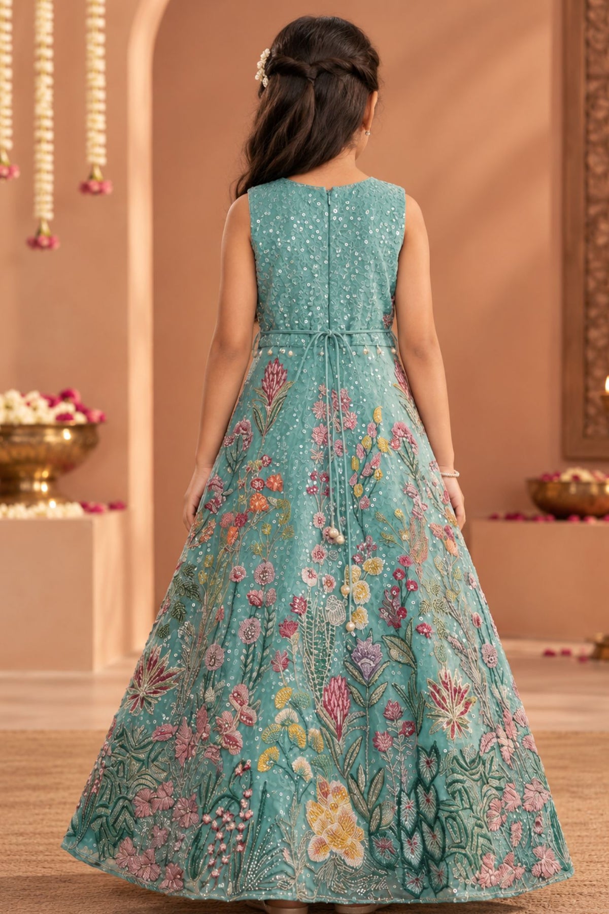 Blue Floral Embroidered Gown For Girls