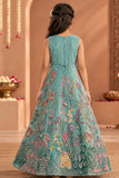 Blue Floral Embroidered Gown For Girls
