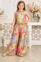 Girls Elegant Grey Multicolor Floral Printed With Mirror Work Embroidered Palazzo Set