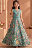 Blue Floral Embroidered Gown For Girls