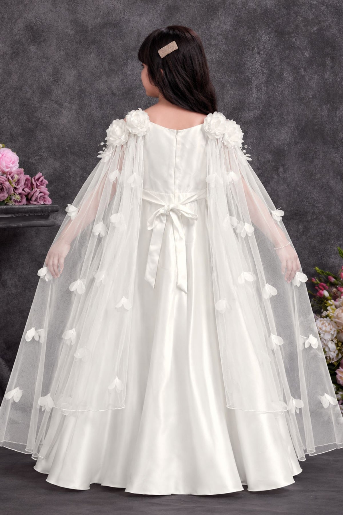 Girls Floral Sequin Embellished White Party Gown
