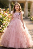 Girls Blush Pink Floral Embellished Layered Party Wear Gown