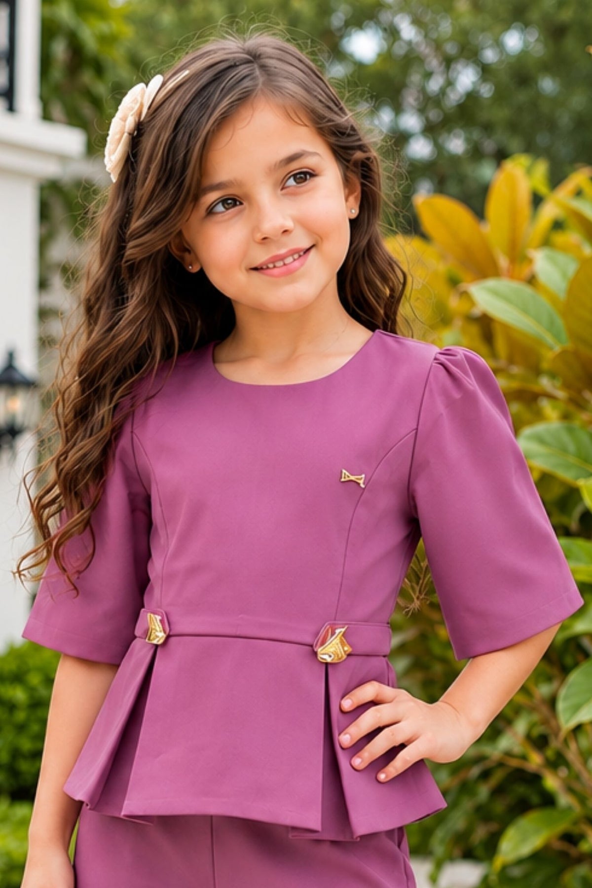 Girls Onion Pink Peplum Top With Wide Leg Co-Ord Set