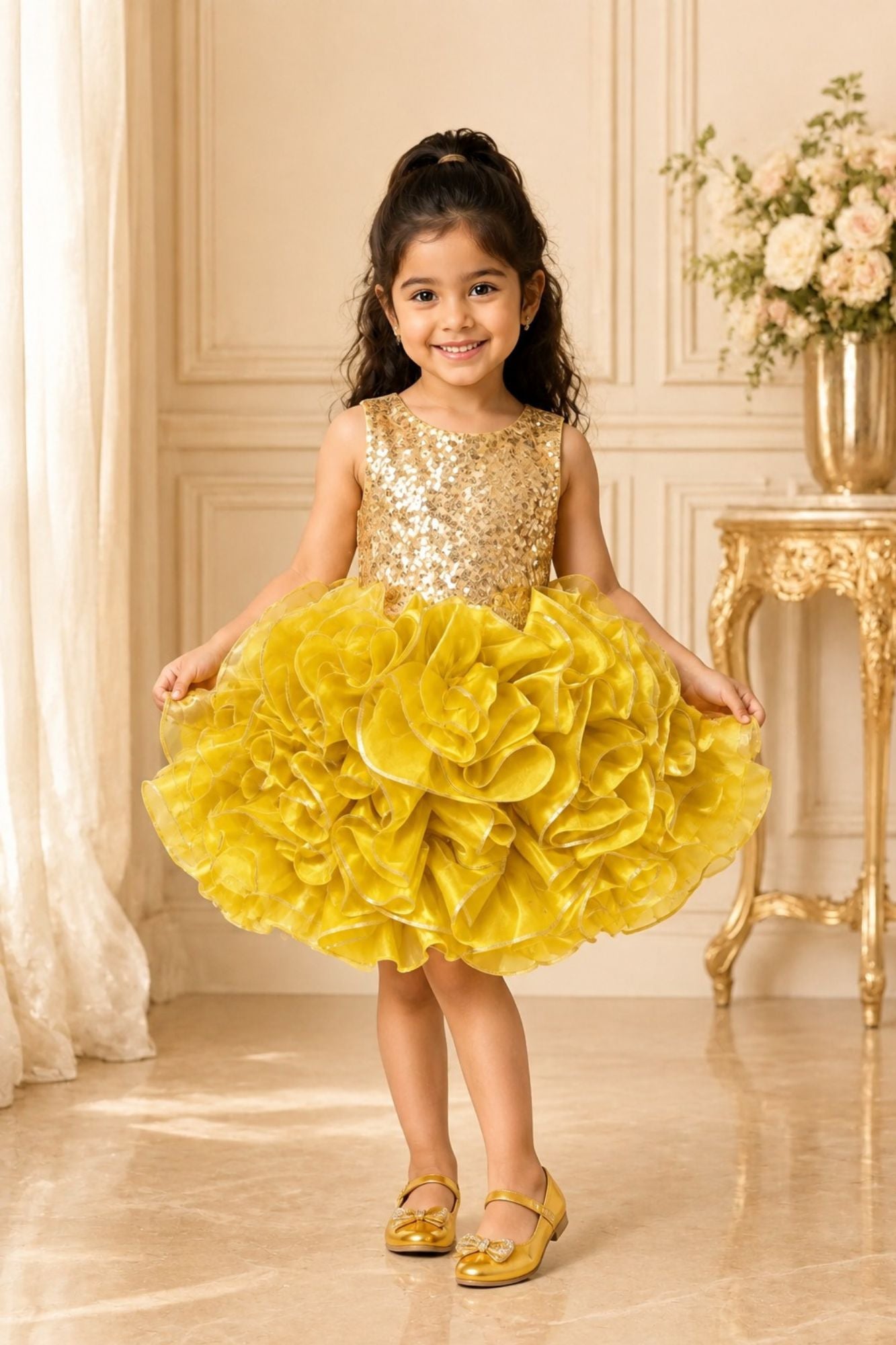 Girls Yellow Sequin Ruffle Party Wear Frock