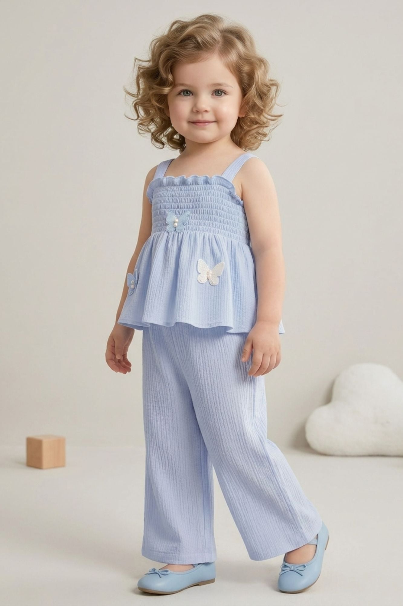 Girls Blue Smocked Ruffle Top with Wide-Leg Pants Co-Ord Set