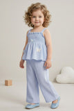 Girls Blue Smocked Ruffle Top with Wide-Leg Pants Co-Ord Set