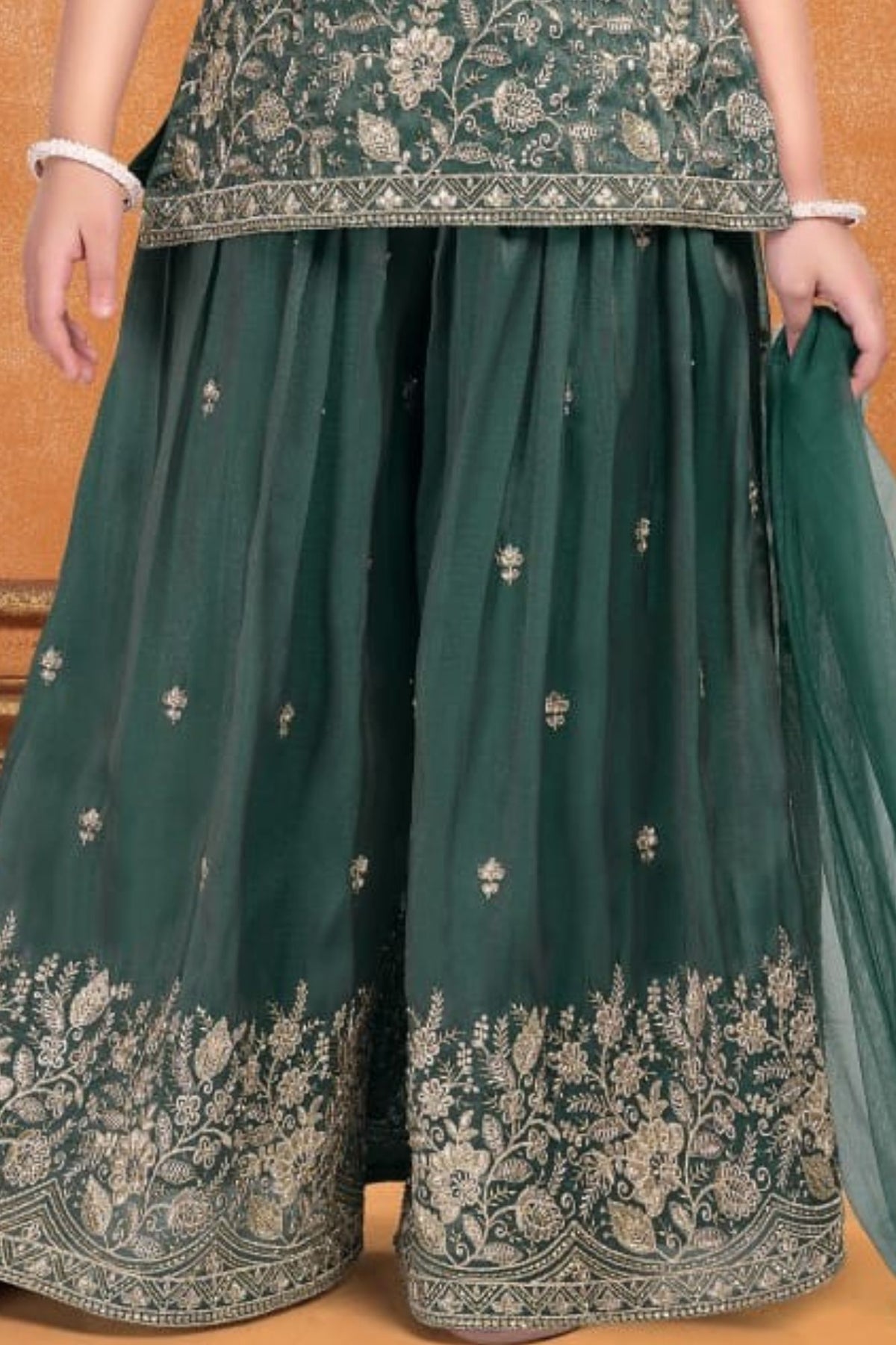 Girls Green Floral Embroidered Palazzo Set With Dupatta