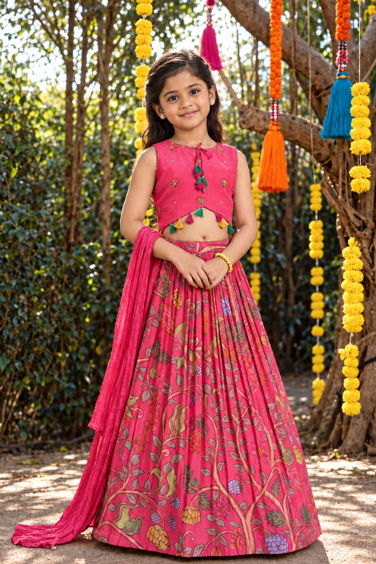 Girls Rani Pink Floral Printed Lehenga Choli With Dupatta