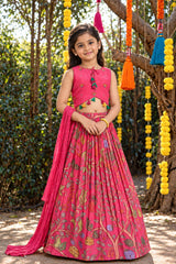 Girls Rani Pink Floral Printed Lehenga Choli With Dupatta