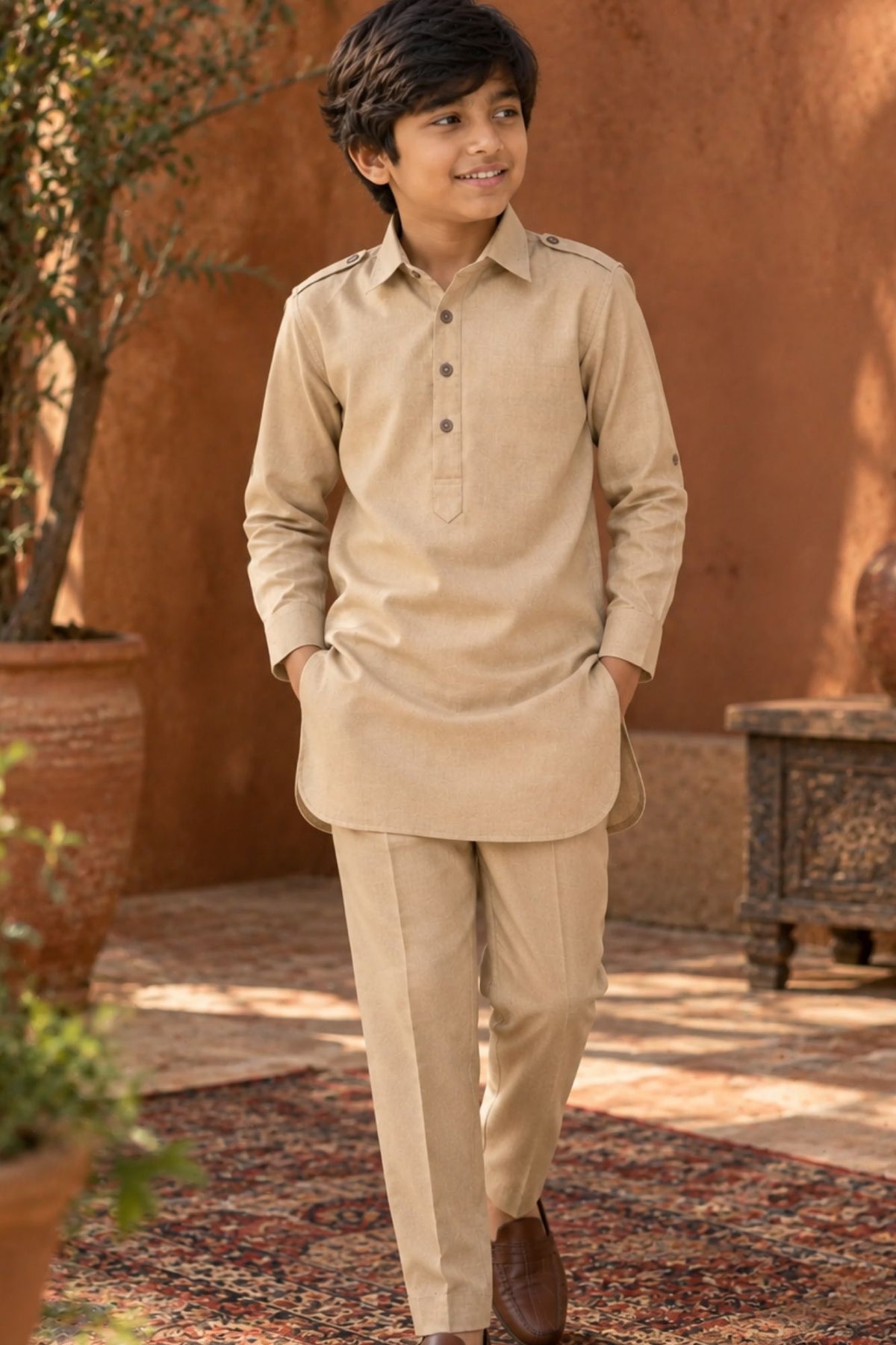 Beige Pathani Set  With Shirt Collar Design For Boys