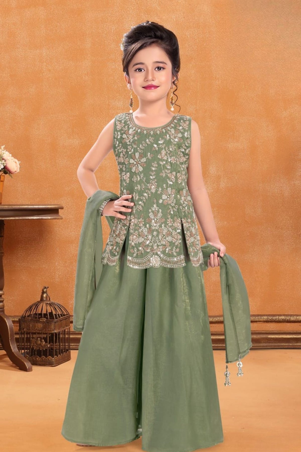 Girls Green Silver Floral Embroidered Palazzo Set With Dupatta