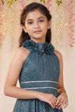 Blue High-Neck Floral Emblished  Full-Length Party Gown For Girls