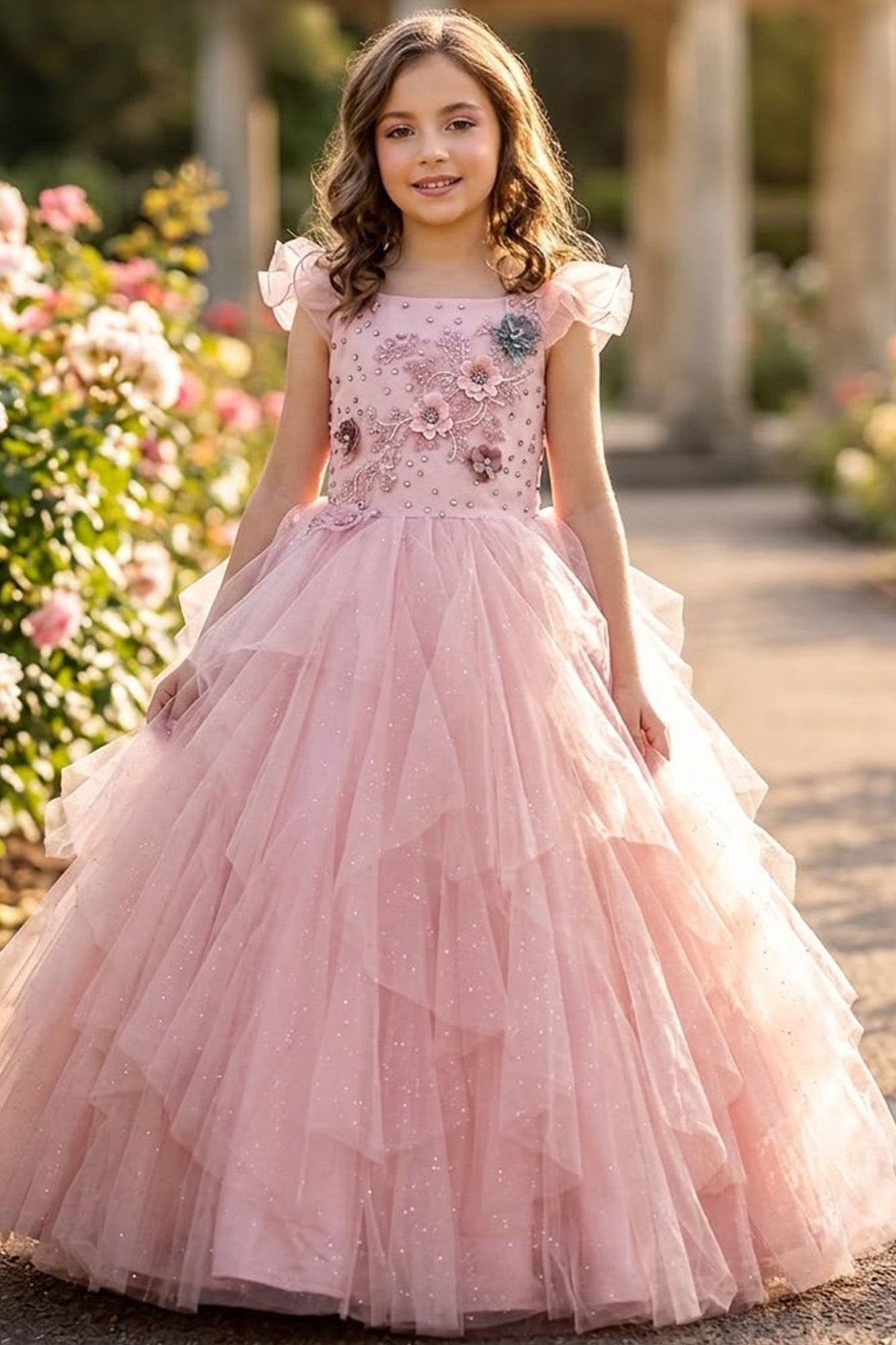 Girls Blush Pink Floral Embellished Layered Party Wear Gown