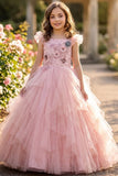 Girls Blush Pink Floral Embellished Layered Party Wear Gown