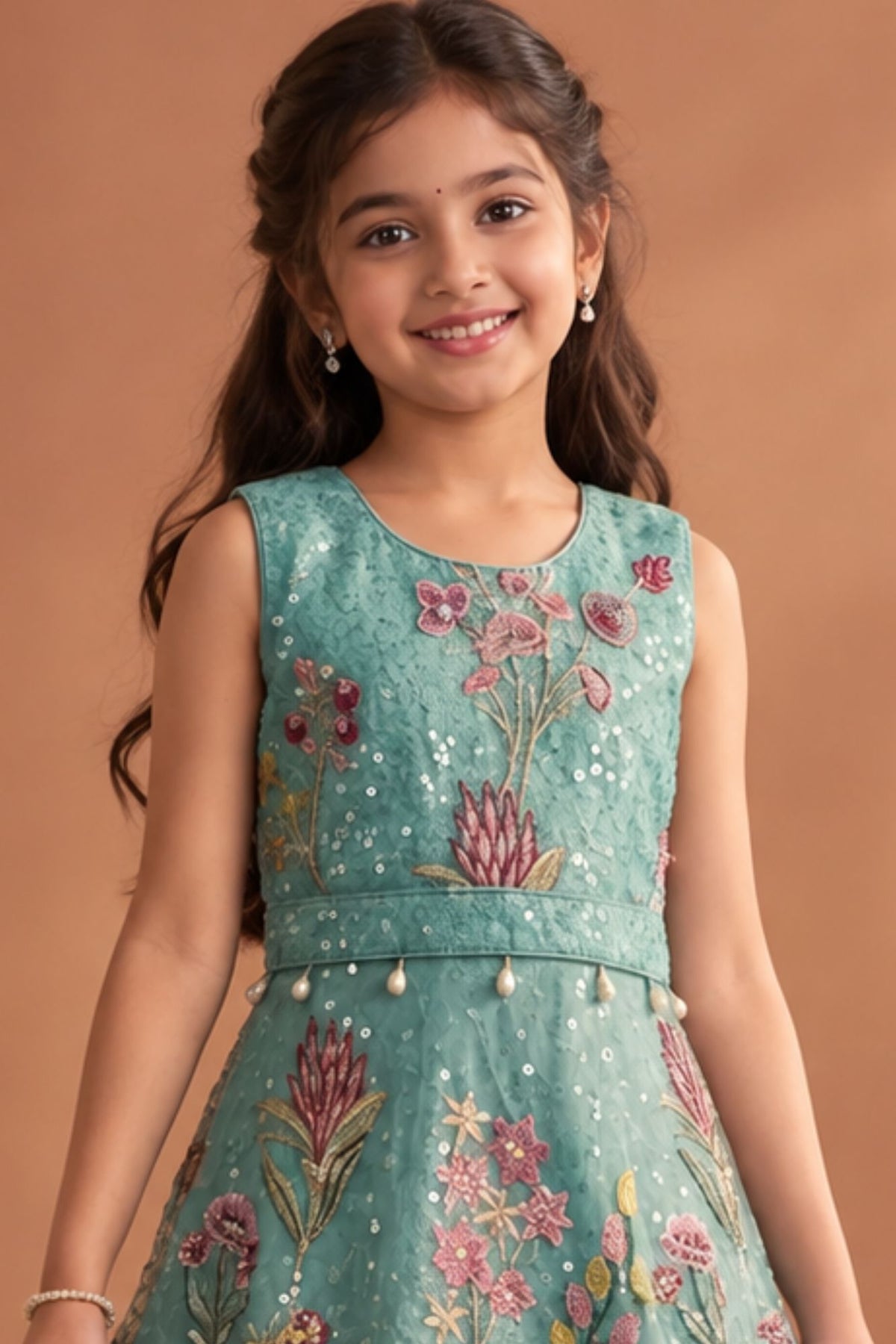 Blue Floral Embroidered Gown For Girls