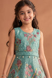 Blue Floral Embroidered Gown For Girls