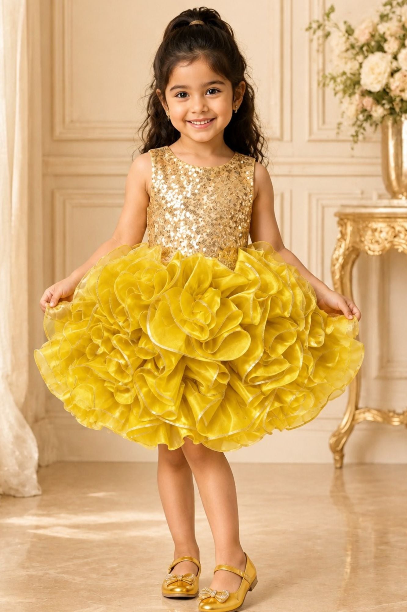 Girls Yellow Sequin Ruffle Party Wear Frock