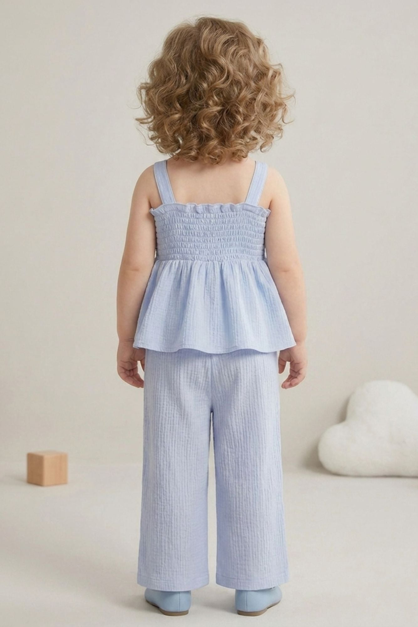 Girls Blue Smocked Ruffle Top with Wide-Leg Pants Co-Ord Set