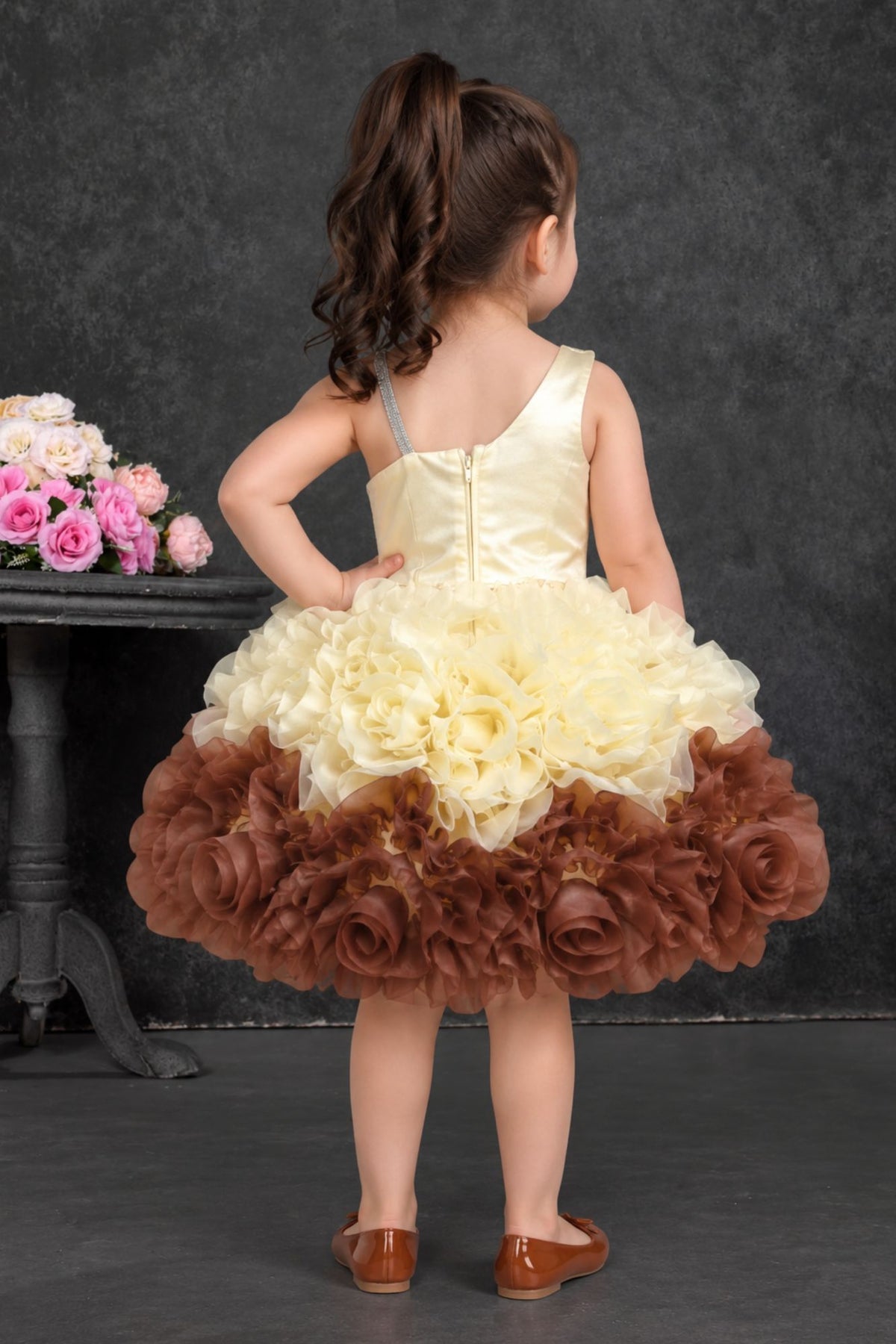 Girls Sequin Embellished Ivory & Brown Ruffle Party Dress