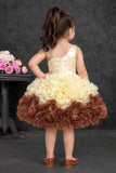Girls Sequin Embellished Ivory & Brown Ruffle Party Dress