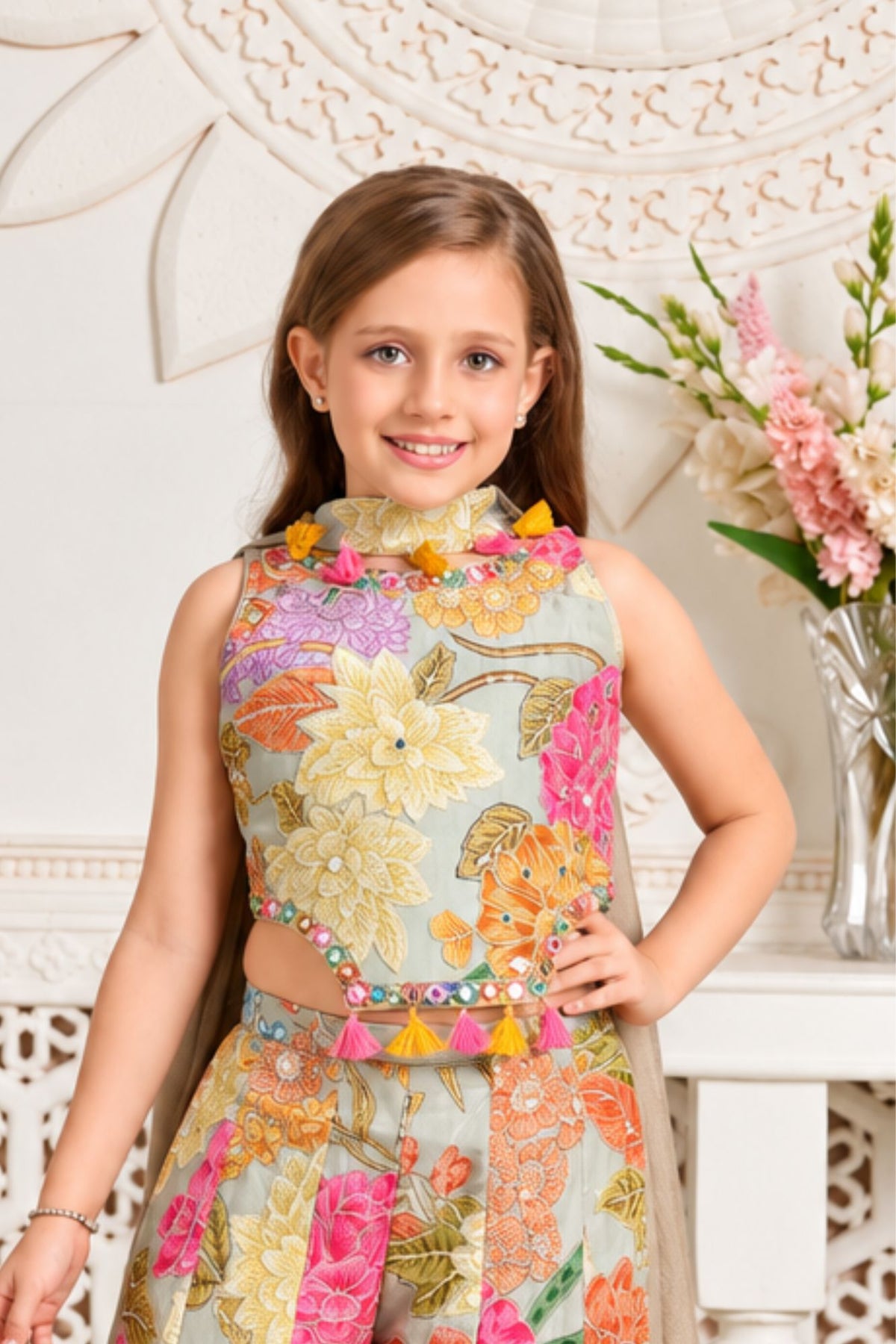 Girls Elegant Grey Multicolor Floral Printed With Mirror Work Embroidered Palazzo Set