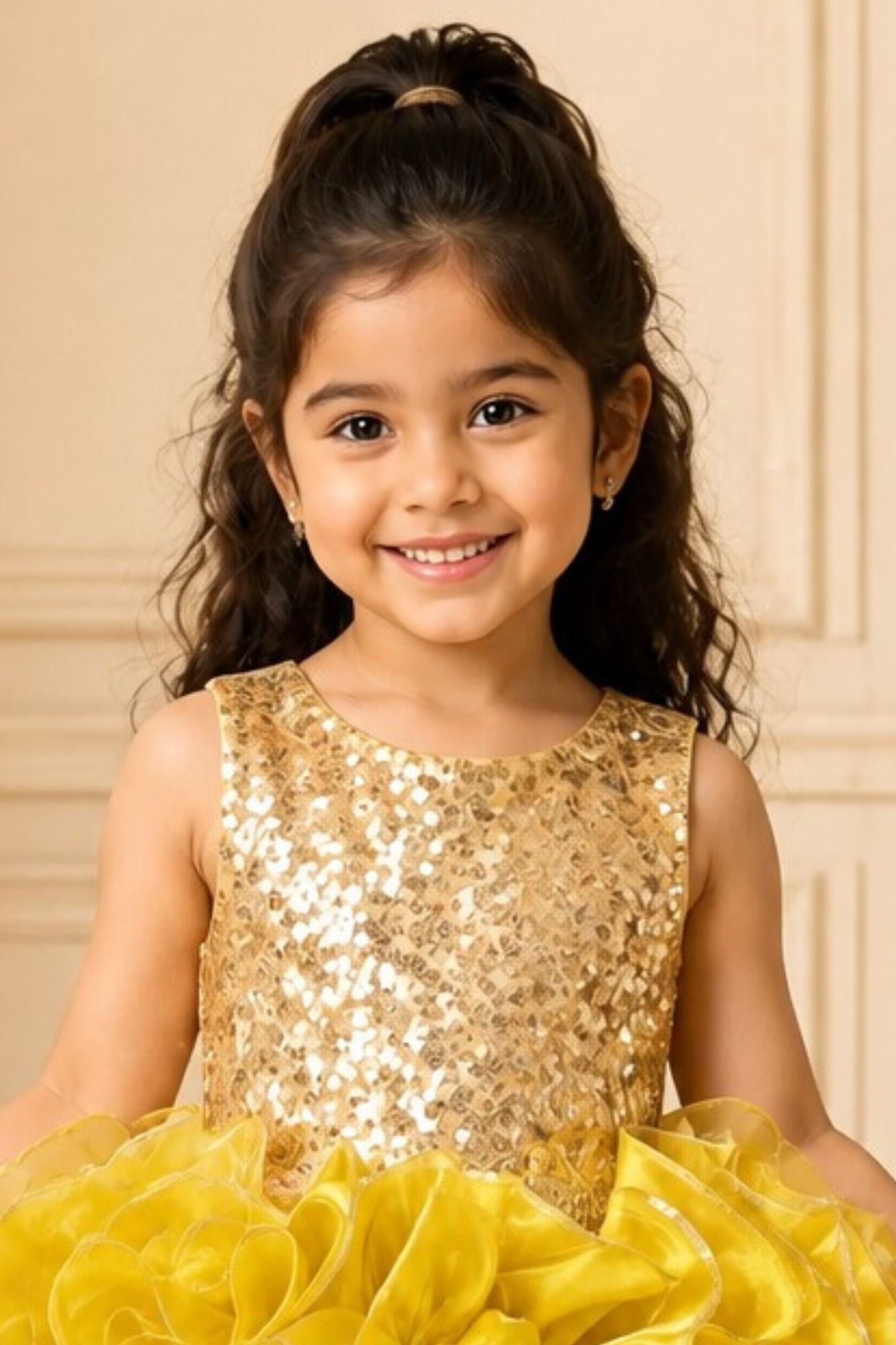 Girls Yellow Sequin Ruffle Party Wear Frock