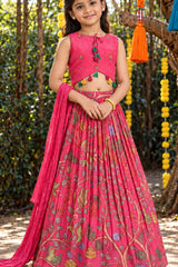 Girls Rani Pink Floral Printed Lehenga Choli With Dupatta