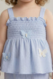 Girls Blue Smocked Ruffle Top with Wide-Leg Pants Co-Ord Set