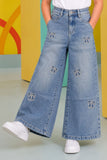 Blue Bow Embellished Straight Fit Stone Washed Jeans For Girls